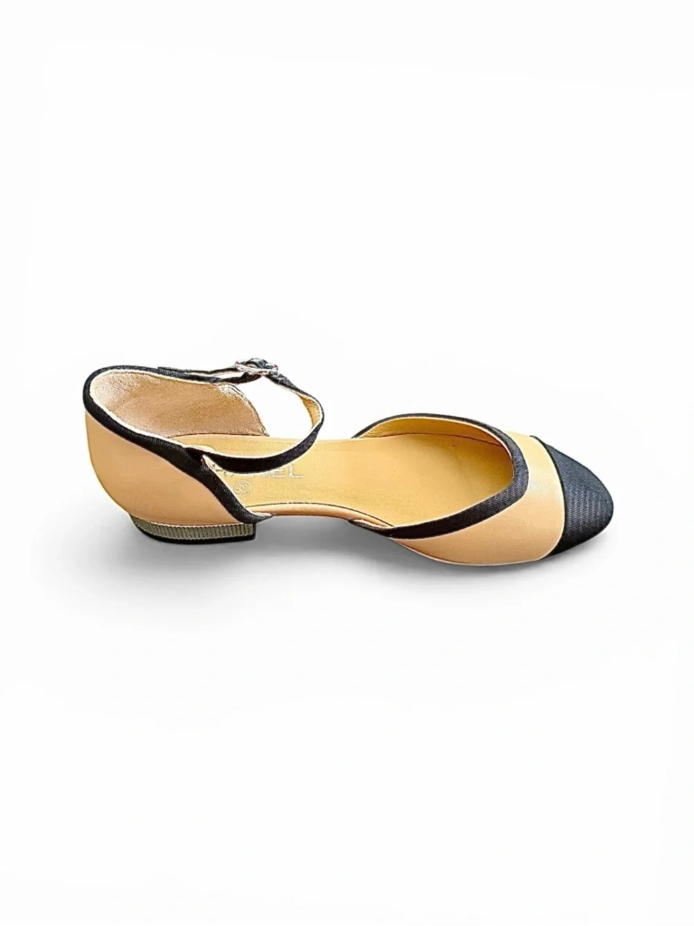 Chanel Two-Tone Beige & Black Mary Jane Flat Ankle Strap Shoes 40